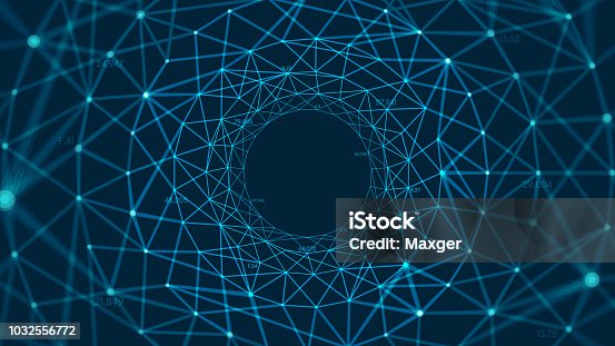 istock Abstract vector polygonal background with connected lines and dots forming a circle 1032556772