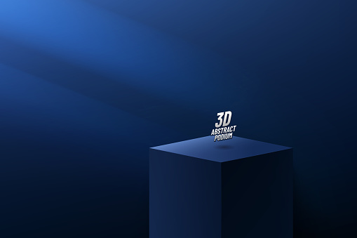 Abstract vector rendering 3d shape for products display presentation. Modern dark navy blue cube pedestal podium with empty room and window lighting background. Minimal scene studio room concept.