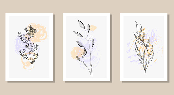 Abstract vector wall art gallery, set of 3 prints with twigs, design with shape and hand-drawn background lines in trendy color. Contemporary art, isolated poster collage, social networks, stories.