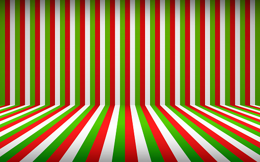 Abstract vertical striped red green white studio backdrop with empty space for your content or product picture. Empty christmas studio room background concept. Vector illustration
