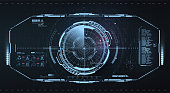 istock Abstract virtual graphic touch user interface.  Sky-fi helmet with futuristic Interface. Military radar screen dashboard. Interactive target capture system. VR view. Head up display, cockpit center. 1310738025