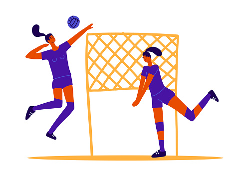 Abstract volleyball players, two girls playing volleyball, female sports games. Ball game concept. 2 women play volley with ball and net. Flat trendy vector graphics