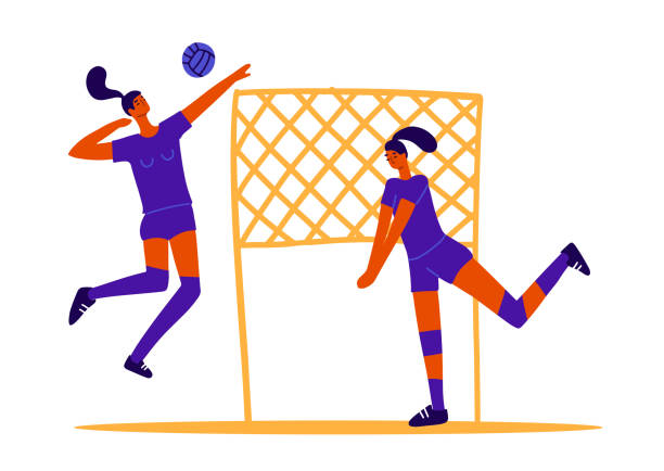 abstract volleyball players, two girls playing volleyball, female sports games. ball game concept. 2 women play volley with ball and net. flat trendy vector graphics - 排球 團體運動 插圖 幅插畫檔、美工圖案、卡通及圖標