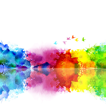 Abstract Watercolor fantastic landscape with a flying flock of birds. Calm lake created colored blotches and spots.