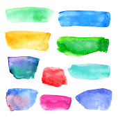 Abstract watercolor set of colored hand drawn textured stain, isolated on white background, vector illustration.