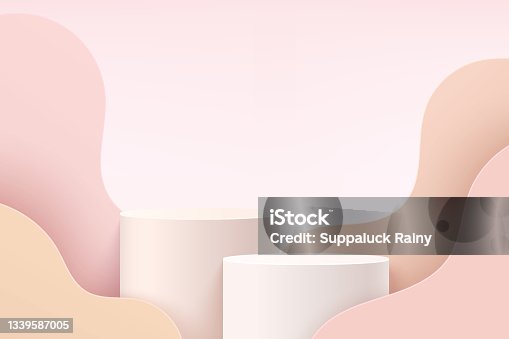 istock Abstract White and Pink 3D cylinder pedestal or stand podium with layer wavy backdrop. Luxury light pink minimal scene for cosmetic product display presentation. Vector geometric rendering platform. 1339587005