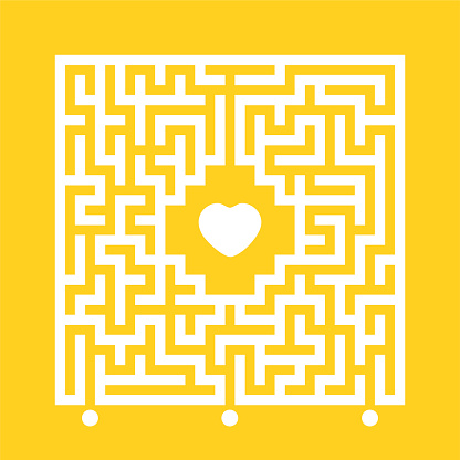 Abstract white square maze. Find the right path to the heart. Labyrinth conundrum. Love search concept. Flat vector illustration isolated on color background.