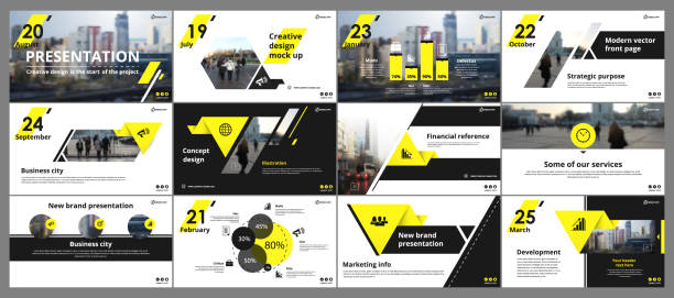 Abstract white, yellow presentation slides. Modern brochure cover design. Fancy info banner frame. Creative infographic elements set. Urban city font. Vector title sheet model. Ad flyer style template  presentation stock illustrations