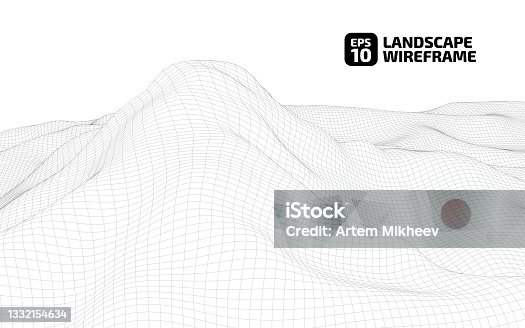 istock Abstract wireframe background. 3D mesh technology illustration landscape. 1332154634