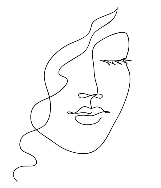 Abstract woman face with wavy hair. Black and white hand drawn line art. Outline vector illustration Abstract woman face with wavy hair. Black and white hand drawn line art. Outline vector illustration. one woman only stock illustrations