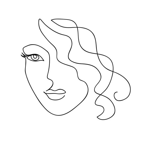 illustrations, cliparts, dessins animés et icônes de visage abstrait de femme avec les cheveux ondulés. art de ligne dessiné à la main noir et blanc. illustration vectorielle de contour - une seule femme face