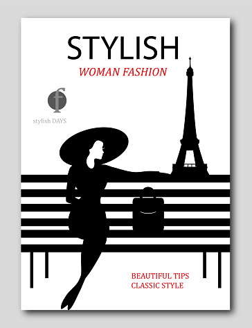 Abstract woman with black hair and dress with Eiffel tower.  Fashion magazine cover design