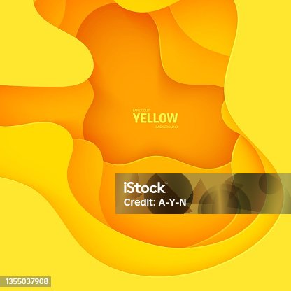 istock Abstract yellow background in paper cut art. 3d orange liquid wavy form with shadow in minimalist style. Simple layout design for advertising poster brochure or flyer. Vector card illustration 1355037908