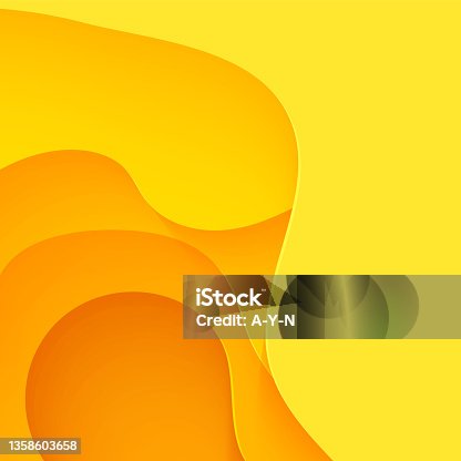 istock Abstract yellow background in paper cut art. 3d orange liquid wavy form with shadow in minimalist style. Simple layout design for advertising poster brochure or flyer. Vector card illustration 1358603658