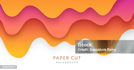 istock Abstract yellow, orange and sweet pink paper cut wavy shapes layers on white background. Vector background with yellow honey or melting caramel syrup. Flow of sweet sticky liquid. Vector illustration 1348230477