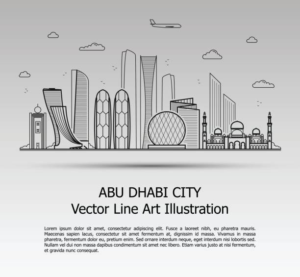 Abu Dhabi City Gray Line Art Vector Illustration of Modern Abu Dhabi City with Skyscrapers. Flat Line Graphic. Typographic Style Banner. The Most Famous Buildings Cityscape on Gray Background. abu dhabi stock illustrations