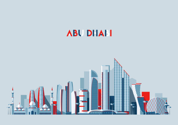 bildbanksillustrationer, clip art samt tecknat material och ikoner med abu dhabi skyline arab emirates vektor platt design - abu dhabi