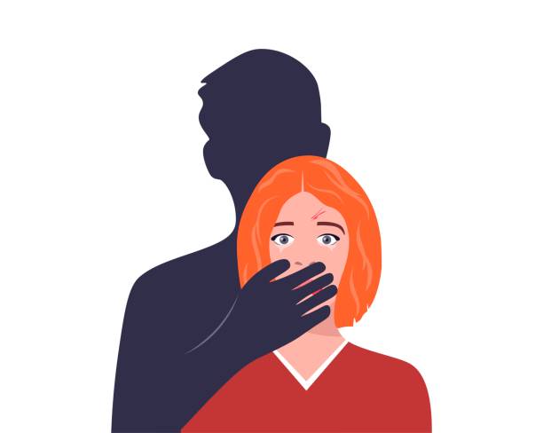 nadużycie lub pojęcie przemocy domowej. mężczyzna zakrywa usta kobiety ręką. kobieta we łzach i śladami pobicia na twarzy. problemy społeczne, agresja i nadużycia wobec kobiet. ilustracja wektorowa. - violence against women stock illustrations