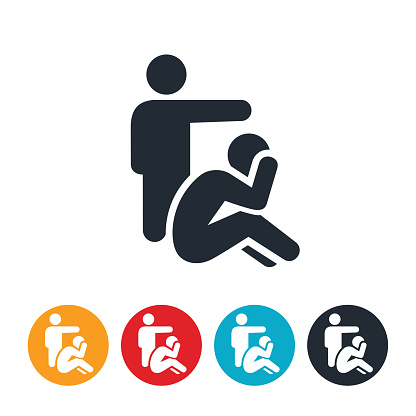 An icon of a person telling another person to leave. Te icon show this person pointing ot leave as the other person sits on the ground with their head in their hands. The icon represents an abusive relationship.