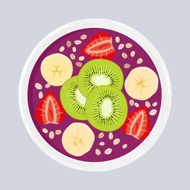 Acai smoothie bowl with kiwi, banana, strawberries and oats, isolated. Top view. Vector hand drawn illustration. Acai smoothie bowl with kiwi, banana, strawberries and oats, top view. Healthy natural breakfast. Portion of acai smoothie with fruits and berries in a bowl isolated on background. Vector illustration. smoothie designs stock illustrations