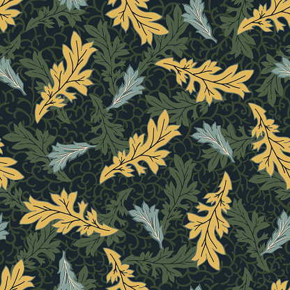 Acanthus leaf vector seamless pattern background. Arts and crafts style hand drawn stylized leaves on dark foliage and sprig textured backdrop. Elegant design. Luxury botanical all over print.