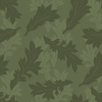 Acanthus leaf vector seamless pattern background. Arts and crafts style hand drawn vintage leaves with foliage silhouette textured backdrop. Monochrome sage green elegant botanical all over print.