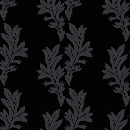 Acanthus leaf vector seamless pattern background. Elegant black grey monochrome backdrop with hand drawn stylized leaves. Trailing vertical foliage geometric design. Luxury botanical all over print.