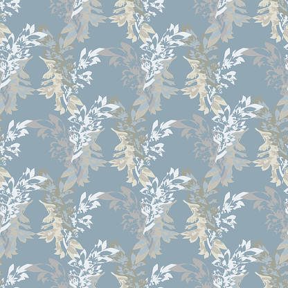 Acanthus leaf vector seamless pattern background. Modern take on arts and crafts style hand drawn leaves backdrop. Elegant botanical design in duck egg blue. Diagonal grid effect repeat. For wellness