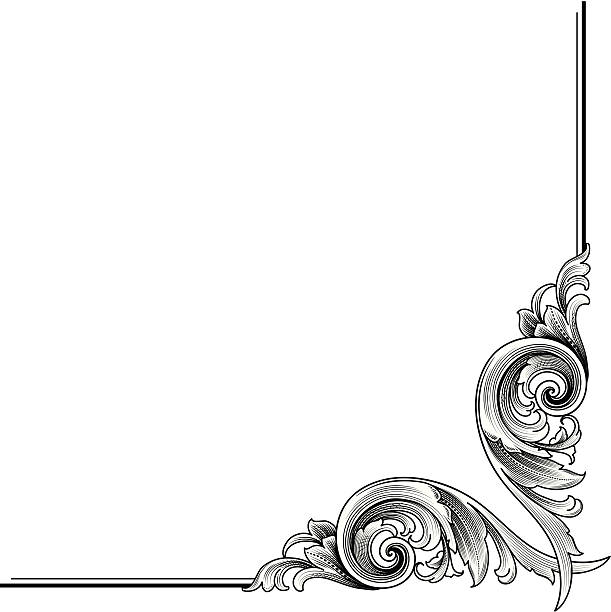 Acanthus Scroll Corner Designed by a hand engraver, this highly detailed classic acanthus leaf pattern is carefully drawn fits well into page corners. Can also be used to build a frame. Scrolls have white fill in this illustration, but fill layer can be changed to any desired color. All elements on separate layers for fast and easy modification. Includes EPS, AI, and hi-res JPG files. growth borders stock illustrations