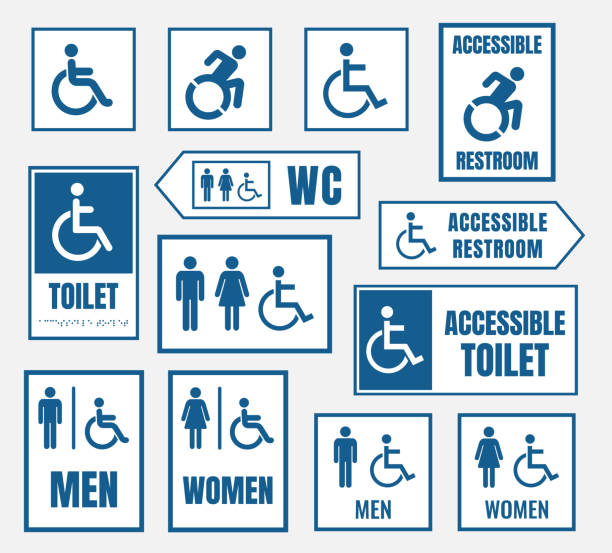 illustrations, cliparts, dessins animés et icônes de signes de toilettes accessible, signe de toilettes pour personnes éteinte - handicap