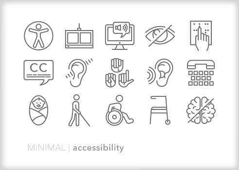 Set of 15 accessibility icons for accommodating the physical and online space for all people regardless of mobility, vision, hearing or cognitive impairment