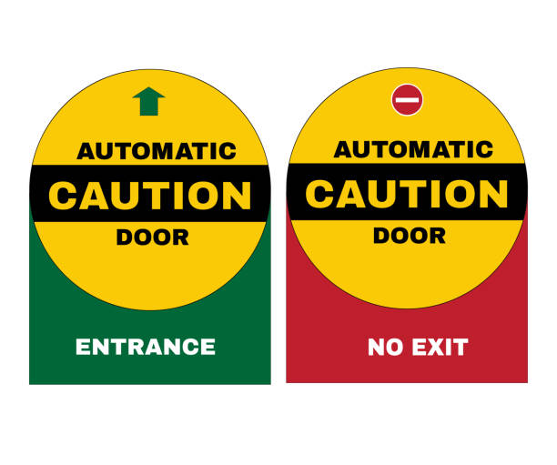 Accident Prevention signs, Caution board with message caution automatic door,  ENTRANCE, NO EXIT. beware and careful Sign, warning symbol, vector illustration.  automatic stock illustrations
