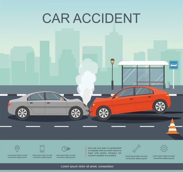 stockillustraties, clipart, cartoons en iconen met ongeval met twee wagens op de weg. transporation infographic. - auto ongeluk