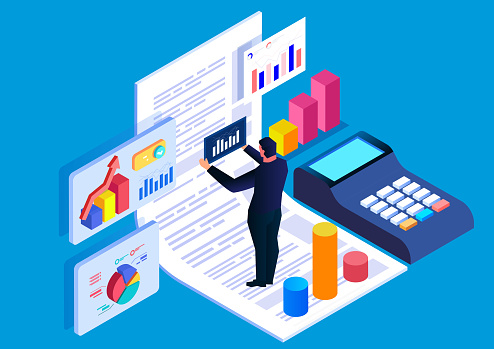Accounting financial analyst, data analysis, isometric businessman standing on data form analyzing data, calculator.