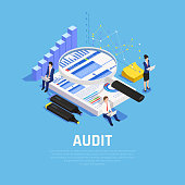 Accounting isometric composition with charts documentation and human characters during audit on blue background vector illustration