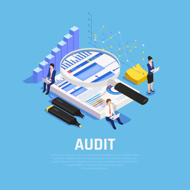 accounting isometric composition Accounting isometric composition with charts documentation and human characters during audit on blue background vector illustration audit stock illustrations