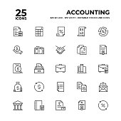 Accounting Vector Style Editable Stroke Thin Line Icons on a 32 pixel grid with 1 pixel stroke width. Unique Style Pixel Perfect Icons can be used for infographics, mobile and web and so on.