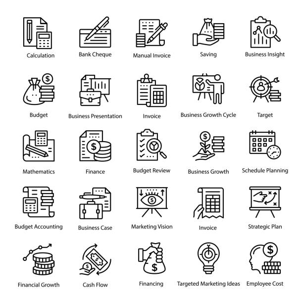 Accounting Line Icons Set The accounting set encompasses wide range of business and financial calculation icons with the money raise elements which makes business and finance related packs stand out. This rich collection of accounting icons set make an amazing pack in your reach. concepts & topics stock illustrations