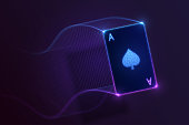 Ace of spades flying, glowing neon card with lights. Vector design