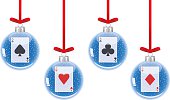 Vector illustration of a glass christmas ornaments with a ace playing cards inside hanging from a red ribbons.