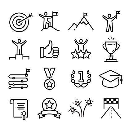 Collection of achievement and success icons, reaching a goal