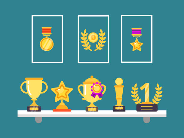Achievements on shelves. Wall trophy golden cups and medals in frames for sport victory vector concept illustrations in flat style Achievements on shelves. Wall trophy golden cups and medals in frames for sport victory vector concept illustrations in flat style. Trophy award, cup competition, winner medal leadership borders stock illustrations