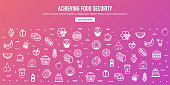 Achieving food security outline style web banner design. Line vector icons for infographics, mobile and web designs.