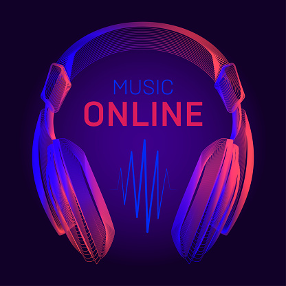 Acoustic headphones wireframe and online music title with neon radio wave contour. Vector illustration with outline portable earphones or dj headset device in line art style on dark blue background