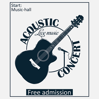 Acoustic musical concert poster with guitar and microphone. Vector illustration.