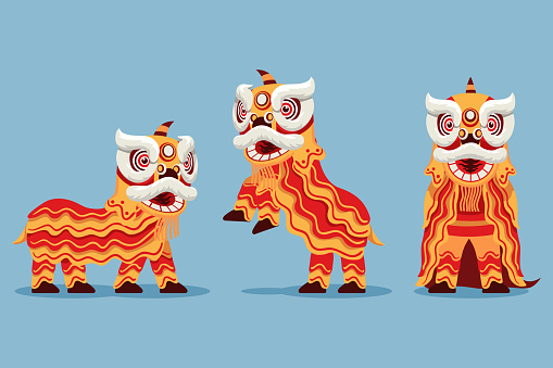 Acrobatic Chinese Traditional Lion Dance Illustration