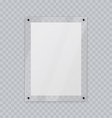 istock Acrylic glass frame, plastic frame for poster of photo, realistic mockup isolated hanging on transparent wall. White blank paper banner on plexiglass display, 3d vector illustration. 1302941422
