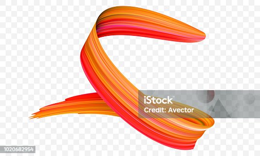 istock Acrylic orange paint brush stroke. Vector bright spiral gradient 3d paint brush with vibrant texture on transparent background. Creative concept of digital painted color stroke 1020682954