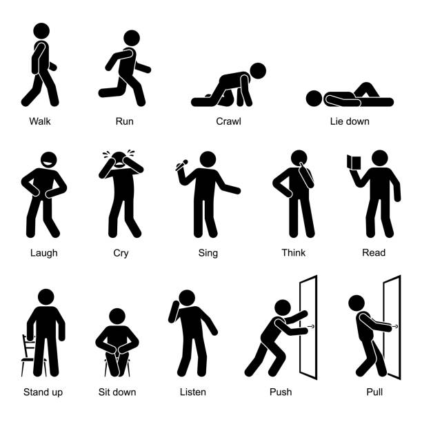 Action verbs stick figure man walking, running, crawling, lying down, laughing, crying, singing, thinking, reading, standing up, sitting down, listening, pushing, pulling vector icon set on white Action verbs stick figure man walking, running, crawling, lying down, laughing, crying, singing, thinking, reading, standing up, sitting down, listening, pushing, pulling vector icon set on white crawling stock illustrations