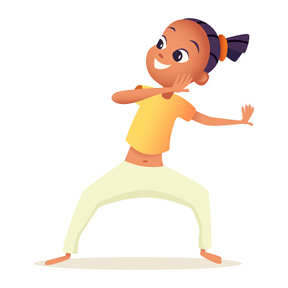 Active and cheerful African American girl is preparing for capoeira fight, swinging and dancing. Child goes in for sport